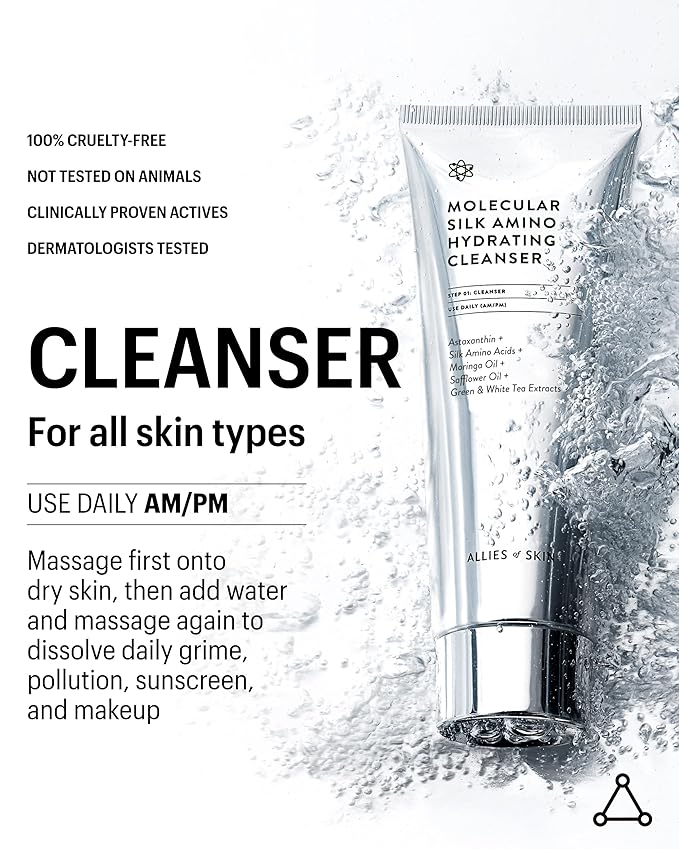 Allies of Skin Molecular Silk Amino Hydrating Cleanser: Hyaluronic Acid, Ceramides, Safflower & Moringa Oils. Nourishes, Conditions & Repairs 100 ml/2.4 oz
