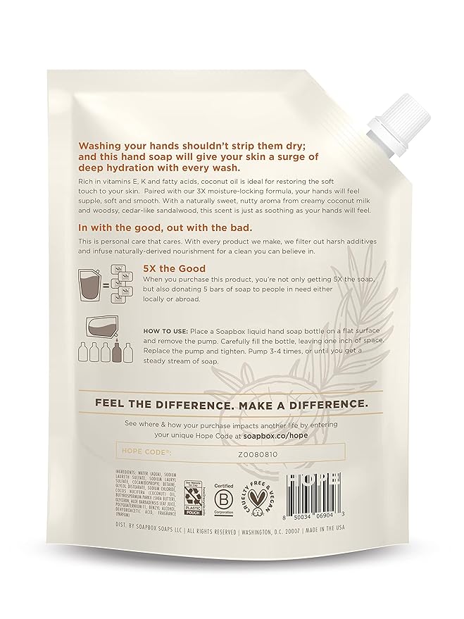 Soapbox Liquid Hand Soap Refill, Coconut Milk & Sandalwood, Vegan, Paraben Free, Moisturizing, Natural Hand Wash for Kitchen and Bathroom, 64oz Half Gallon Refill (Pack of 1)