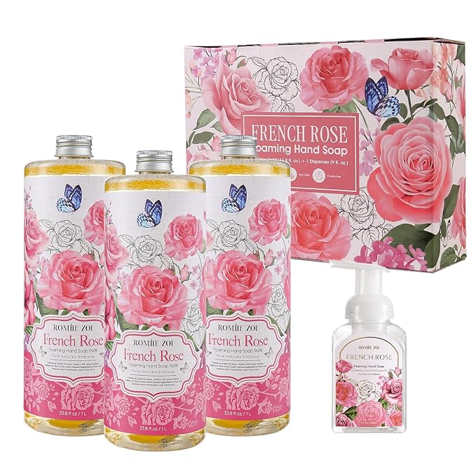 Rose Foaming Hand Soap Refill Gift Set – 3 Pack (33.8 Fl Oz Each) with Refillable Dispenser, Romantic Floral Scent, Moisturizing & Biodegradable for Bathroom, Kitchen, Sensitive Skin