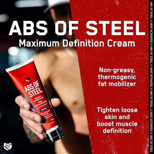 SteelFit Abs of Steel Maximum Definition Cream - Skin Tightening, Toning & Firming Lotion for Sculpting Abs - L-Carnitine Pre & Post Workout Supplement for Men & Women - Non-Greasy Formula, 3.4 Ounces