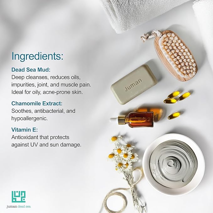 JUMAN Dead Sea Minerals Mud Soap | Chamomile Flower Extract | SLS & Paraben Free | Daily-Use Bath Soap | Infused with Vitamin E | 4oz (Pack of 1)