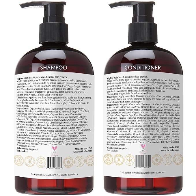 Organic Hair Growth Set Shampoo 17 oz + Conditioner 16 oz + Hair Loss Treatment 4 oz Ayurvedic Herbs, Lavender, Ginger, Rosemary NO GMO, Sulfates, Gluten, Alcohol, Parabens, Phthalates