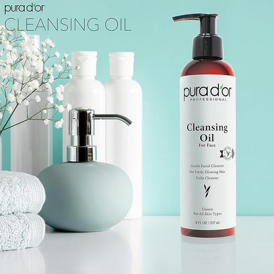 PURA D'OR Facial Cleansing Oil (8 Oz x2 = 16 Oz) Nourishing Botanical Blend with & Vitamin, Jojoba and Sunflower Oil - Gentle Makeup Remover & Deep Cleanser For Healthy, Glowing Skin - Paraben-Free