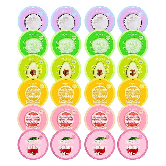 SpaLife Beauty Fruit Facial Sheet Masks 24 Pack – Face Masks Skincare Set – Hydrating Face Masks – 6 Natural Fruit Extract Formulas – Orange, Grapefruit, Coconut, Cherry, Avocado, Cucumber