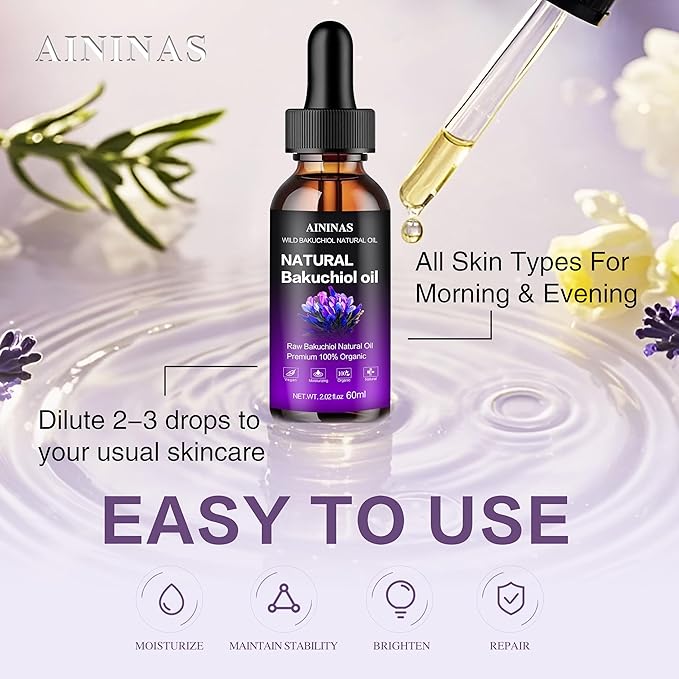 AIninas Bakuchiol Oil Organic for Face - Natural Retinol Alternative Reduces Wrinkles & Fine Lines, Sensitive Skin Safe, Mix with Moisturizer - Hydrating Facial Serum for Day & Night Use, 2 fl oz