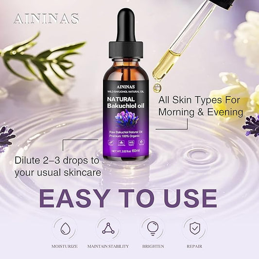 AIninas Bakuchiol Oil Organic for Face - Natural Retinol Alternative Reduces Wrinkles & Fine Lines, Sensitive Skin Safe, Mix with Moisturizer - Hydrating Facial Serum for Day & Night Use, 2 fl oz
