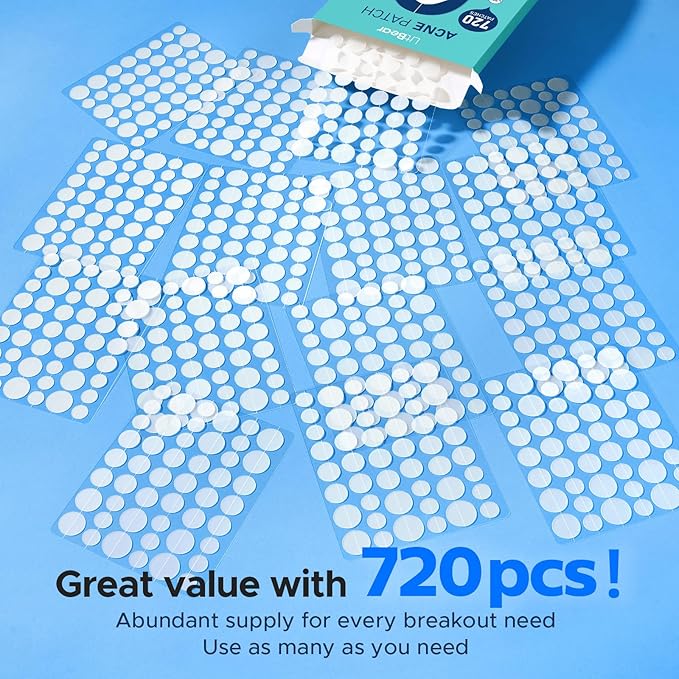 LitBear Pimple Patch Bulk, 720 Patches 3 Size Acne Patches for Face, Hydrocolloid Spot Stickers for Covering Zits, Blemishes, and Breakouts, Suitable for All Skin Types