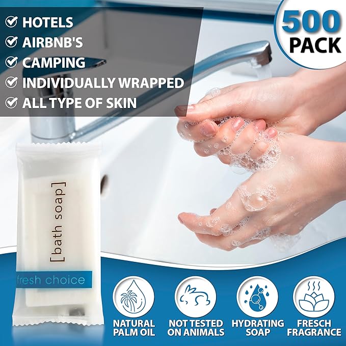 Bulk Hotel Soap, Individually Wrapped Bar Soaps, Mini Trial Size Toiletries, Bath Body Hand Soap for Vacation Rentals and Motel Guest Bathroom, 0.85 oz, Pack of 500
