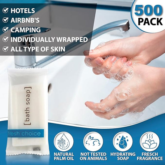 Bulk Hotel Soap, Individually Wrapped Bar Soaps, Mini Trial Size Toiletries, Bath Body Hand Soap for Vacation Rentals and Motel Guest Bathroom, 0.85 oz, Pack of 500