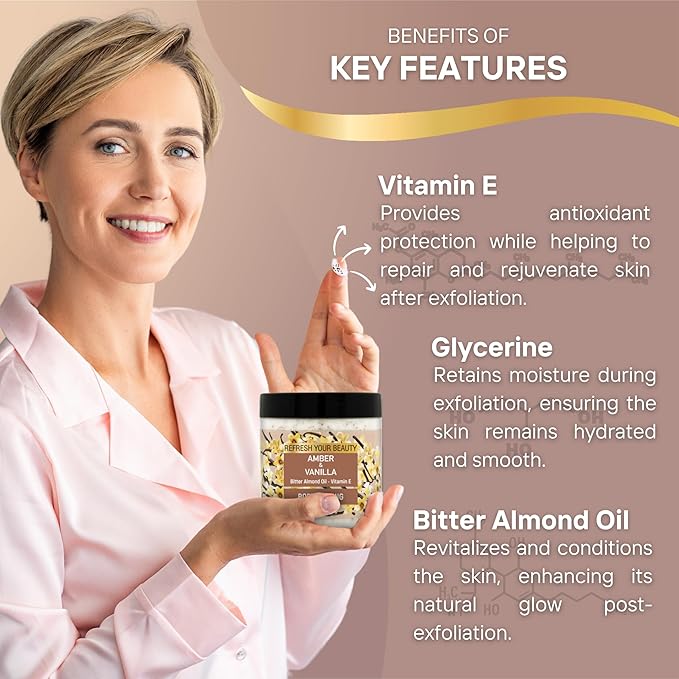Body Scrub - Warm Vanilla & Amber Richness, Bitter Almond Oil, Nutshell & Apricot Kernel Granules and Vitamin E, Soft Peeling Effect, 16.9 fl.oz