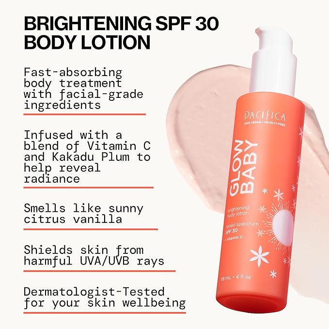 Pacifica Glow Baby Vitamin C SPF 30 Body Lotion – Brightening Daily Moisturizer + Broad Spectrum Sun Protection, Hydrating No White Cast Sunscreen for Glowing Skin, Clean Vegan & Cruelty-Free Skincare