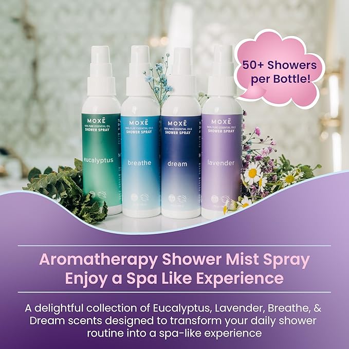 MOXE Aromatherapy Shower Mist Variety Pack, Eucalyptus, Lavender, Breathe and Dream, Spa Steam Spray, Natural 100% Essential Oils, Made in USA, Aromatherapy, Sinus Congestion Relief, 4 Pack (8oz)