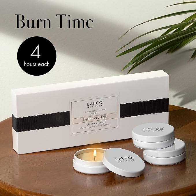 LAFCO New York Discovery Trio Best Sellers: Chamomile Lavender, Champagne & Feu de Bois - 3 Fragranced Candle Sample Tins - 4-Hour Burn Time Each - Made in The USA