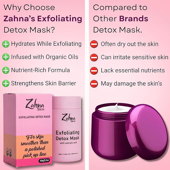 3 in 1 Exfoliating Detox Clay Mask for Face with Salicylic Acid – 100% Organic & Vegan, Detox Face Mask, Pore Cleansing Clay Face Mask for Blackheads and Pores, All Skin Types