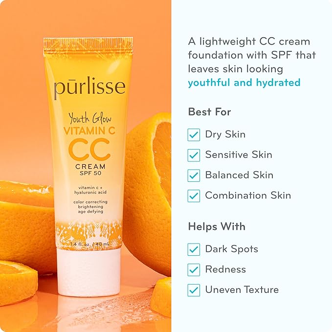 pürlisse Youth Glow Vitamin C CC Cream with SPF 50 - Color Corrector Enriched with Sea Buckthorn, Vitamin C & Hyaluronic Acid - Boosts Radiance & Youthfulness - Paraben-Free - Fair (1.4 oz)