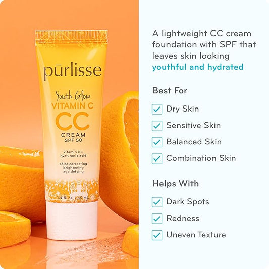 pürlisse Youth Glow Vitamin C CC Cream with SPF 50 - Color Corrector Enriched with Sea Buckthorn, Vitamin C & Hyaluronic Acid - Boosts Radiance & Youthfulness - Paraben-Free - Fair (1.4 oz)