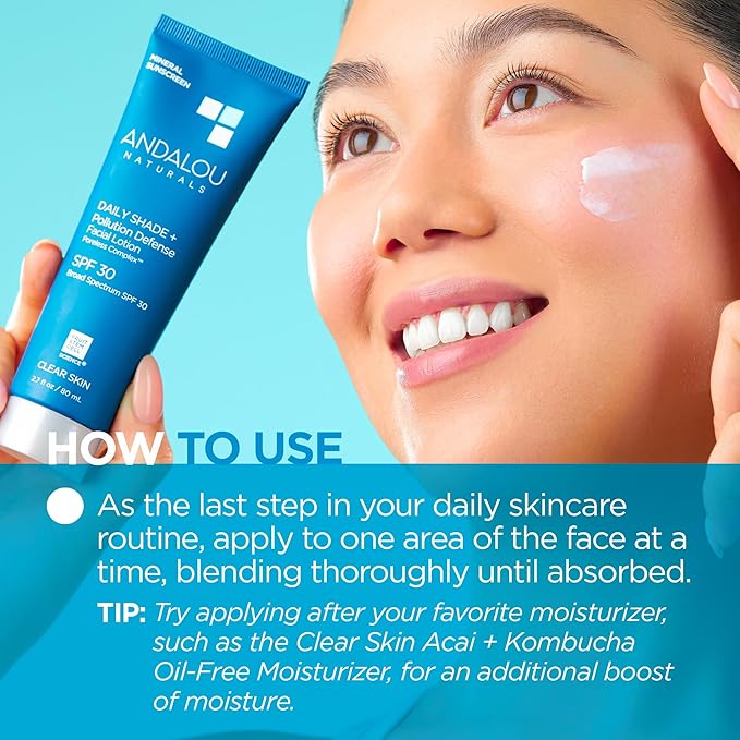 Andalou Naturals Daily Shade Face Sunscreen, SPF 30 Zinc Oxide Mineral Sunscreen, Sun + Pollution Defense Face Lotion, Helps Minimize Look of Pores, Matte Finish & Lightweight - 2.7 Fl. Oz.