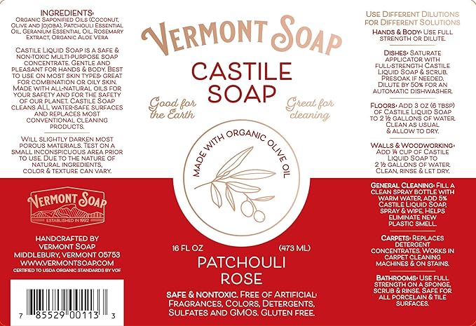 Vermont Castile Soap Patchouli Rose, Gentle Liquid Soap for Sensitive Skin & Natural Body Wash, Organic Hair Shampoo for Oily Hair, Aloe Castile Soap for Men & Women - 16 Oz