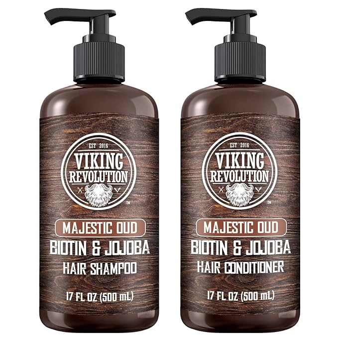 Viking Revolution Majestic Oud Mens Shampoo and Conditioner Set with Biotin and Jojoba Oil - Natural Hair Shampoo and Hair Conditioner for Men with Vitamin B5 - Mens Shampoo for Thinning Hair (17Oz)