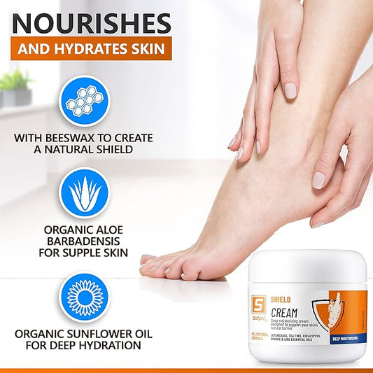 Shield Tea Tree Foot Cream with Lemongrass, Eucalyptus Oils to Soothe Eczema, Psoriasis, Rashes, Dry Itchy Feet 2 oz | Pair with Athlete's Foot Treatment, Ringworm Cream or other Foot Balms