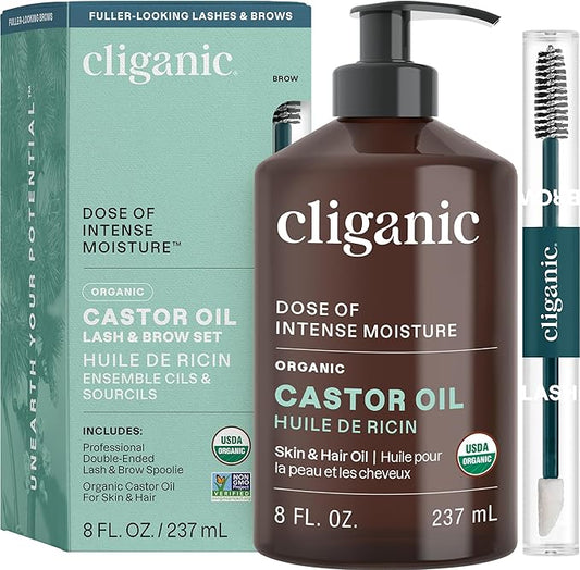 Cliganic Organic Castor Oil, 100% Pure - For Hair, Skin, Face, Eyelashes & Eyebrows | Natural Cold Pressed Unrefined Hexane-Free (8oz)