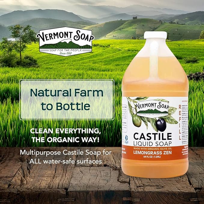 Vermont Castile Lemongrass Zen Soap, Gentle Liquid Soap for Sensitive Skin & Natural Body Wash, Organic Hair Shampoo for Oily Hair, Aloe Castile Soap for Men & Women - 64 Oz