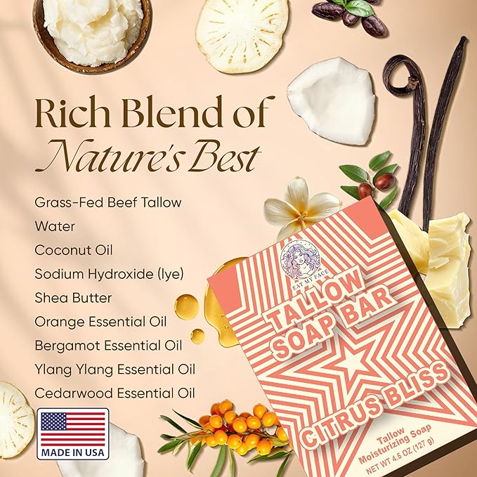 2-Pack Beef Tallow Soap Bar Grass Fed – Organic Body Soaps, Face Tallow Soap Bar for Women – All Natural Soaps for Sensitive Skin, Moisturizing & Nourishing Cleanser for All Skin Types, Citrus Scent