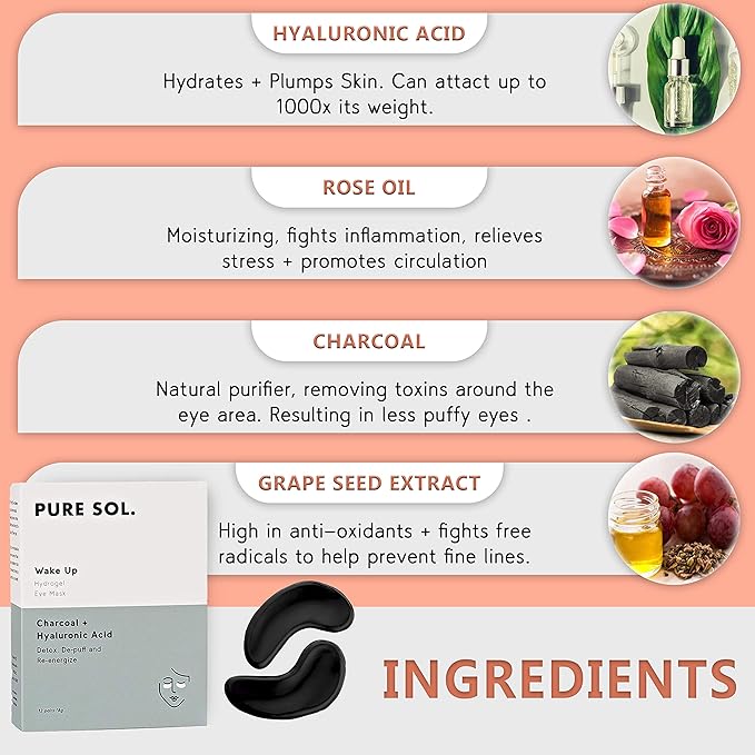 PURE SOL. Charcoal Under Eye Patches – Charcoal Eye Patches For Adults – 12 Pairs Hydrogel Under Eyes Mask To Remove Dark Circles And Under Eye Treatment For Women – Anti Wrinkle Eye Masks