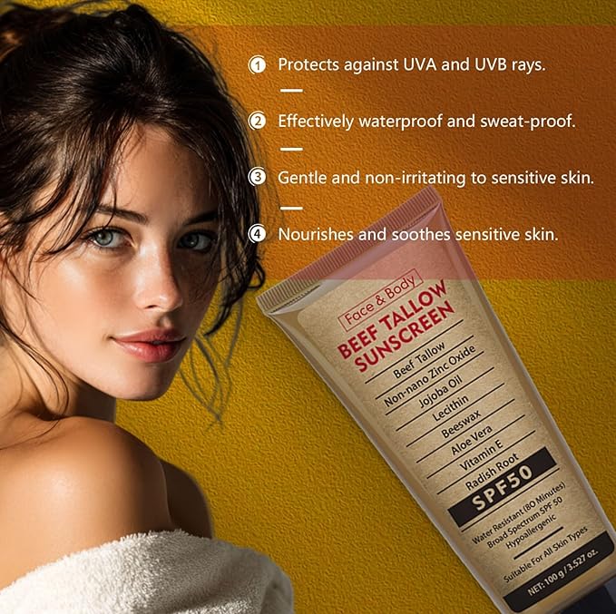 Beef Tallow Sunscreen for Face & Body - Natural Reef Safe Sunblock, Non Greasy Clean Formula, Travel-Friendly Summer Outdoor Sun Protection, 2.46 OZ