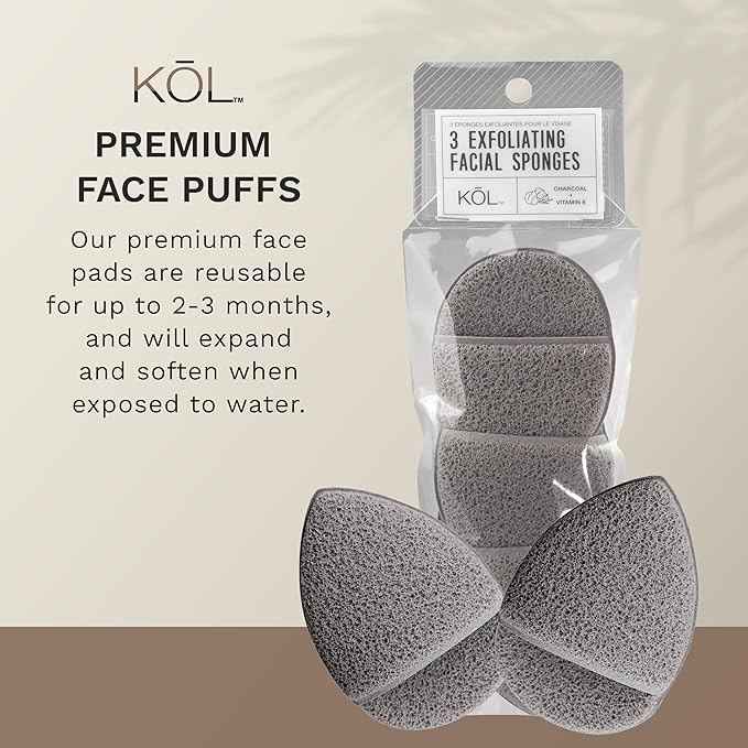 KOL Face Scrubber Pads, Premium Charcoal and Vitamin E Infused Exfoliating Facial Cleansing Sponges for Daily Face Wash and Makeup Removal, 3 Count