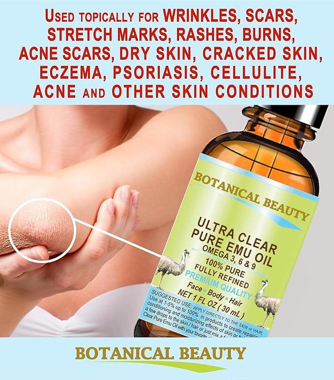 Botanical Beauty PURE EMU OIL ULTRA CLEAR 100% Natural REFINED for FACE, SKIN, BODY, HANDS, FEET, NAILS, HAIR, LIP CARE 0.5 Fl. oz. - 15 ml