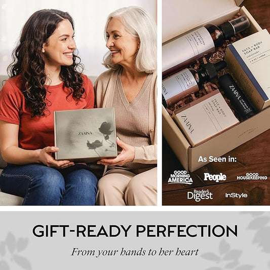 ZAAINA Spa Gift Basket for Women – Luxury Self Care Kit with Face Mist, Glow Serum, Soaps & Lip Balm – Natural Handmade Pampering Care Package for Women – Birthday & Relaxation Spa Basket (Deluxe Set)