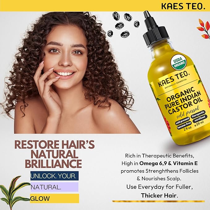 Organic Castor Oil 100% Pure Cold Pressed 2 Fl Oz Extra Virgin Unrefined Hexane Free - USDA Certified Organic, Golden Castor oil for Face, Skin, Hair, Eyebrows - Boost Hair Growth