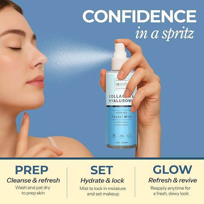 Clear Beauty Hyaluronic Acid & Collagen Face Mist - Dermatologist Tested, Moisturizes & Tones Skin, Anti-Aging, Natural Ingredients, Cruelty-Free, 95% Natural - All Skin Types - 4 OZ