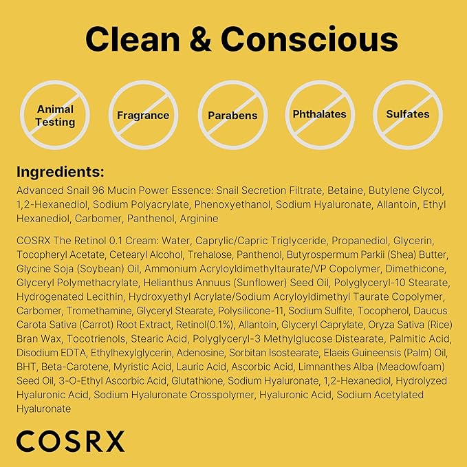 COSRX Snail 96% Mucin Power Essence 2ea & Retinol 0.1% Cream Mini Sample 1ea, Glass Skin Starter Set, Amazon Exclusive, Daily Hydrating & Firming Korean Skin Care Kit, Gift Set