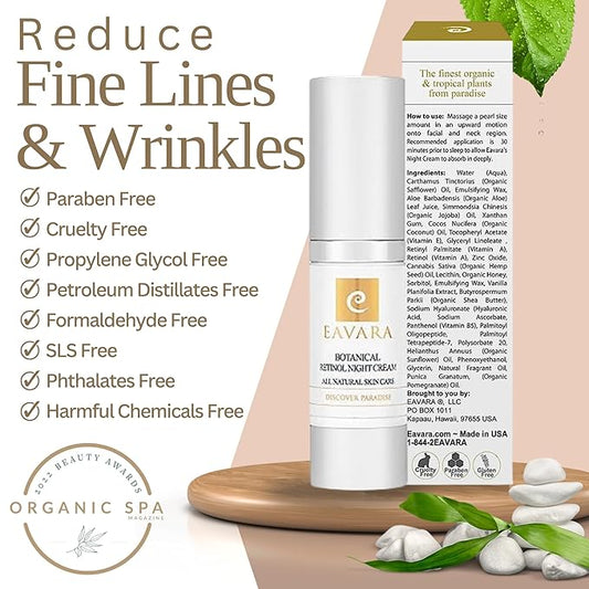 Organic Retinol Night Cream, Anti Aging Overnight Natural Face Moisturizer Cream with Hyaluronic Acid, Shea Butter, and Aloe Vera, Helps with Fine Lines & Wrinkles