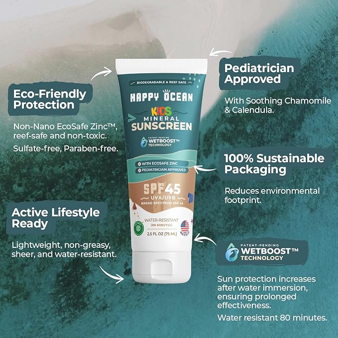 SPF 45 Reef Safe Mineral Sunscreen for Kids & Sensitive Skin with Non-Nano Zinc Oxide, Non Toxic Kids Sunscreen for Face & Body, Natural Organic Sunblock, Travel Size, Vegan 2.5 Fl Oz