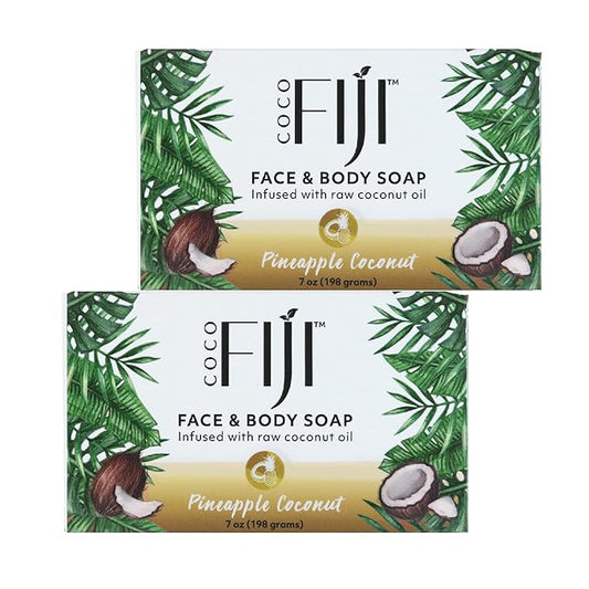"Coco Fiji Soap Bar for Face and Body Infused With Organic Coconut Oil, Pineapple Coconut Essential Oil, Natural Soap for Moisturizing & Pore Purifying Skin, 7 oz, Pack Of 2 "