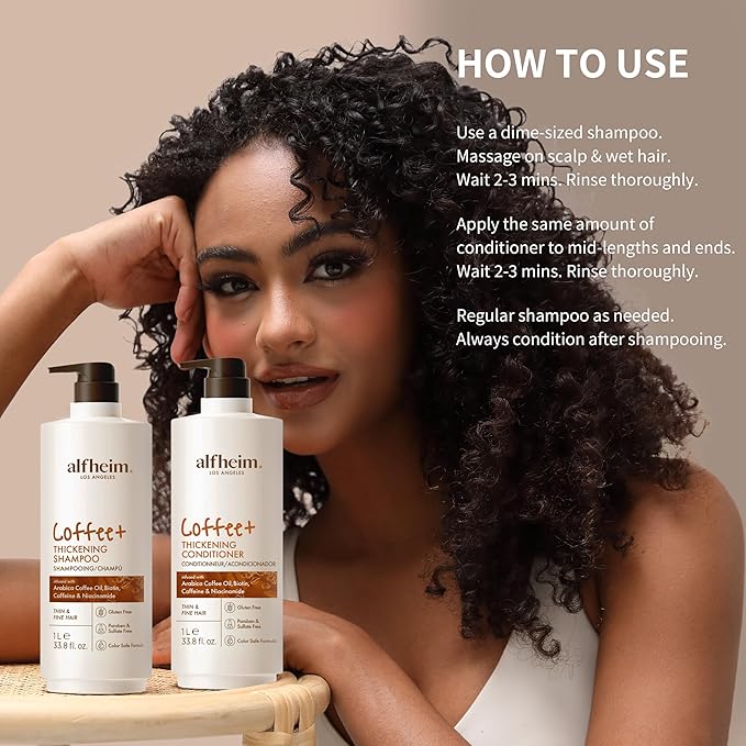 Alfheim Caffeine Infused Shampoo and Conditioner Set | Caffeine, Keratin & Niacinamide | Fortifies Fragile Hair & Control Scalp Balance | Sulfate-Free for Fine & Color Treated Hair | 33.8 Oz Each