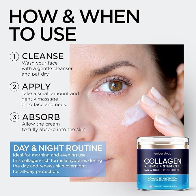 Collagen Face Cream with Stem Cells Retinol Hyaluronic Acid Niacinamide for All Skin Types - Anti-Aging Face Moisturizer with Airless Pump - Day & Night Cream for Wrinkles - Made in USA 1.7 Oz