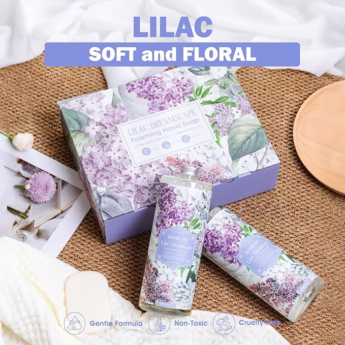 Lilac Foaming Hand Soap Refill Gift Set – 3 Pack (33.8 Fl Oz Each) with Refillable Dispenser, Soft Floral Scent, Moisturizing, Biodegradable & Chemical-Free Formula for Bathroom, Kitchen