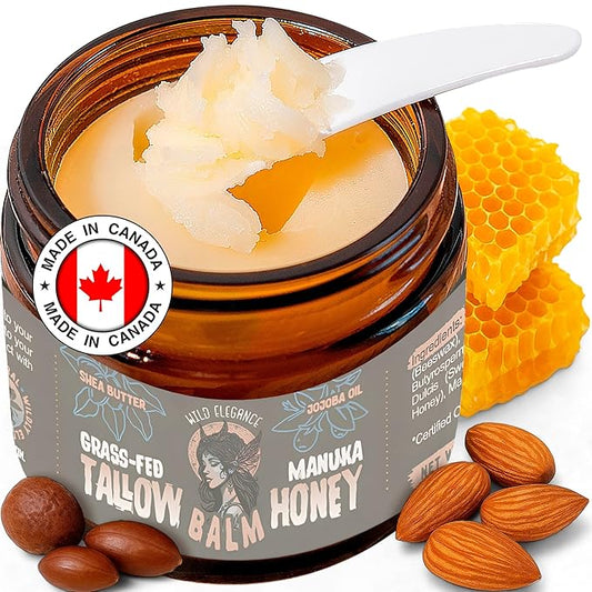 Grass-Fed Beef Tallow and Manuka Honey Balm, Eczema Face & Body Cream, Moisturizer for Dry Skin with Shea Butter, Almond & Jojoba Oil, Beeswax, Arrowroot, Vitamin E - Unscented - Made in Canada, 2 oz
