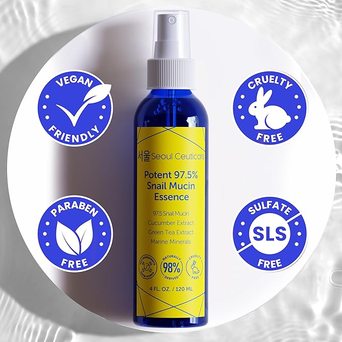SeoulCeuticals Korean Face Mist 97.5% Snail Mucin Essence - K Beauty Skincare Facial Spray - Cucumber Extract + Marine Minerals + Green Tea + Aloe 4oz