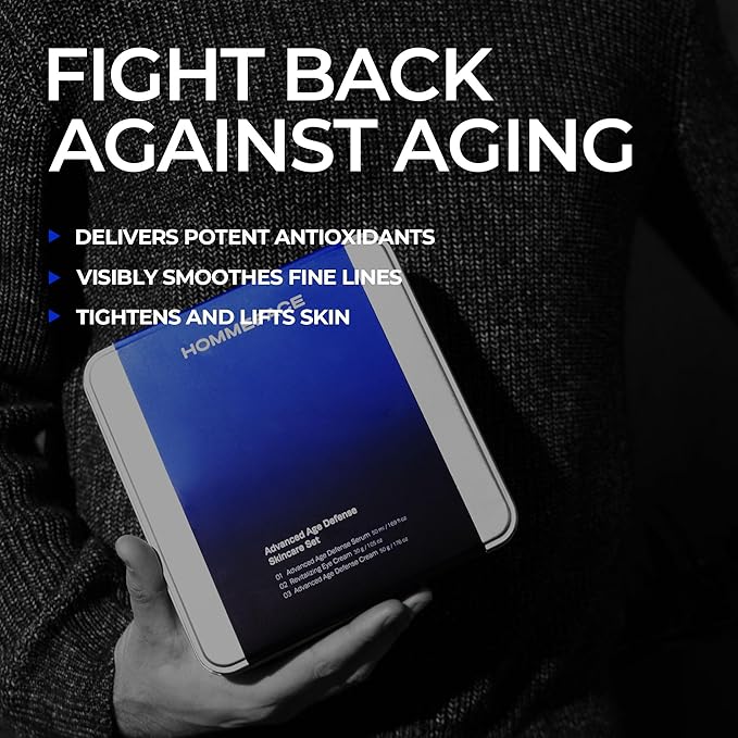 HOMMEFACE Men’s Advanced Age Defense 3-Piece Anti-Aging Skincare Set - Facial Serum, Eye Cream & Face Cream - Korean Skincare Technology with Volufiline, Ceramide, Hyaluronic Acid & Peptides