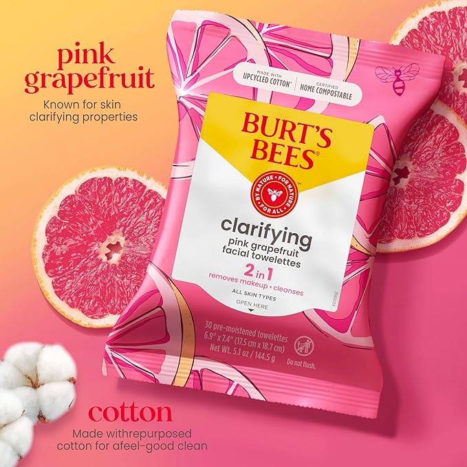 Burt's Bees Pink Grapefruit Face Wipes, for All Skin Types, Hydrating Makeup Remover & Facial Cleansing Towelettes, 30 Ct. (3-Pack)