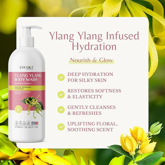 Ylang Ylang Body Wash, Cleanses, Nourishes & Hydrates, Gentle Shower Gel for Dry and Sensitive Skin, Women & Men, Organic & Natural, 16 fl oz