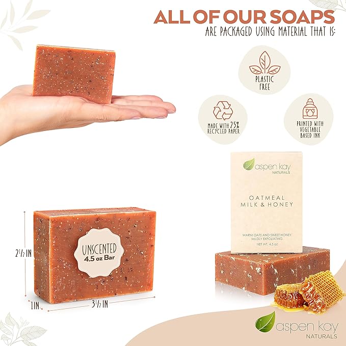 Aspen Kay Naturals Goats Milk, Honey & Oatmeal Soap Bar – with Organic Raw Honey, Goats Milk, Rolled Oats & Shea Butter - Exfoliating Soap – For All Skin Types - Handmade in Florida. (3 pack)
