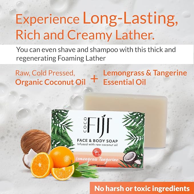 "Coco Fiji Soap Bar for Face and Body Infused With Organic Coconut Oil, Lemongrass Tangerine Essential Oil, Natural Soap for Moisturizing & Pore Purifying Skin, 7 oz, Pack Of 3 "