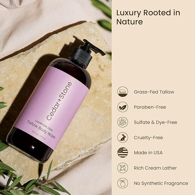 Cedar + Stone Tallow Body Wash – Liquid Tallow Soap & Shower Gel Formulated with USDA Organic Oils – Lavender & Lilac – Sulfate-Free Cleanser for Sensitive Skin – Made in USA, 16oz