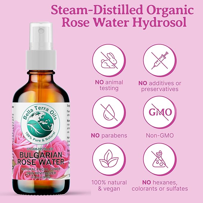 Bella Terra Oils Rose Water Hydrosol – 1 Gallon | Pure, Gentle Facial Toner & Mist | Natural Skin Tonic, Makeup Setting Spray | Organic, Steam-Distilled